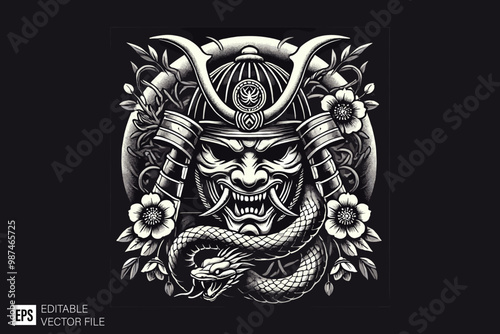 oni mask samurai dark art style vector design black and white illustration