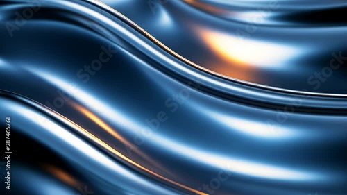 Waves of shiny blue liquid metal reflecting light during evening glow in a serene abstract setting