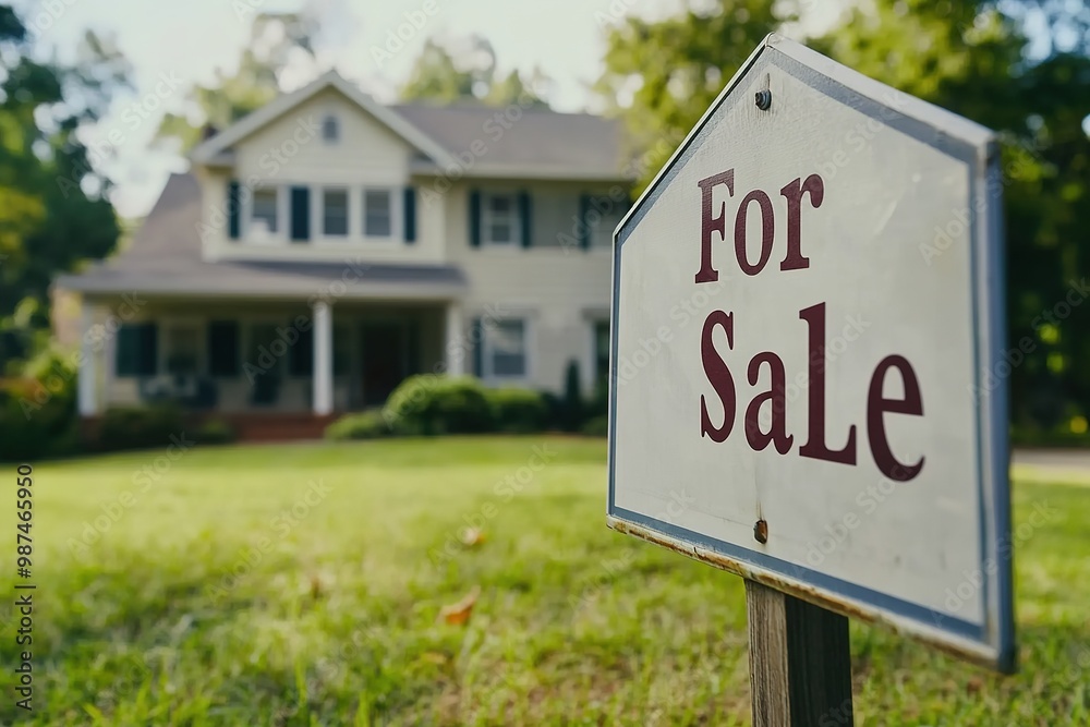 For Sale sign in front of suburban home on sunny day. For Sale sign in front of suburban home on sunny day.