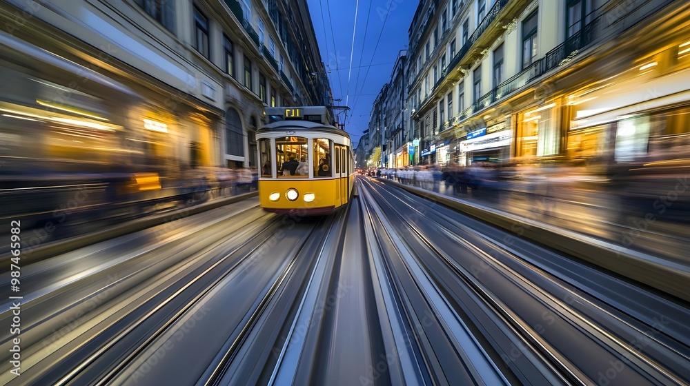 Tram in motion on urban street at night Tram in motion on urban street at night