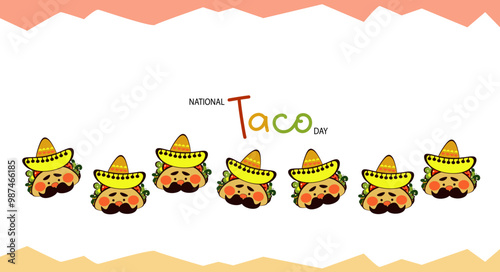 National taco day. Png template for menu mexican cafe, bar,  restaurant, party. Funny Taco character  doodle, traditional Mexican food, vector illustration on transparent background.