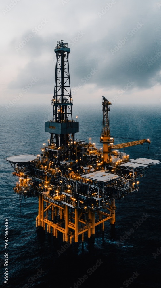An oil rig operates actively against the backdrop of a gloomy sky, showcasing illuminated platforms and workers engaged in their tasks at sea An oil rig operates actively against the backdrop of a gloomy sky, showcasing illuminated platforms and workers engaged in their tasks at sea