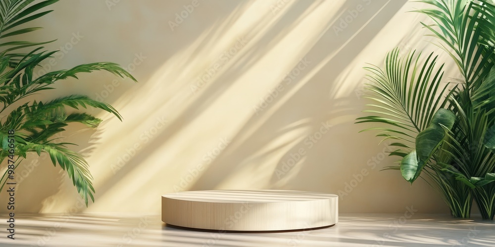 Fototapeta premium Abstract Beige Background with Podium and Palm Leaves