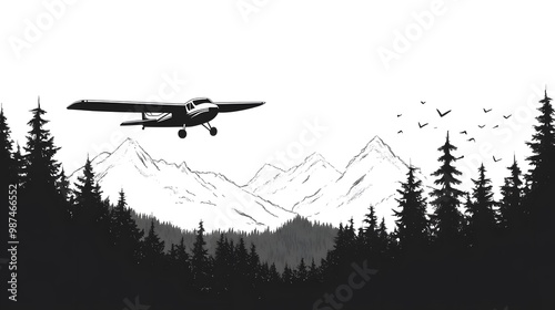 A black-and-white, simple vector graphic of an old plane flying over the mountains
