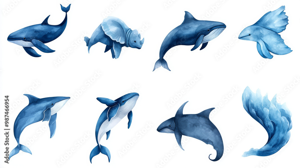 Fototapeta premium Watercolor illustrations of whales in blue shades.
