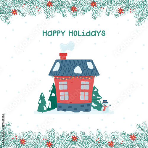 Happy holidays greeting card. Cute Christmas and winter house.