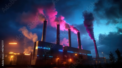 Futuristic Factory Skyline at Dusk with Smoke