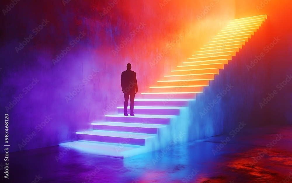 Illuminated Path to Empowerment - Conceptual 3D Render of Glowing Light Staircase with Ascending Figure Symbolizing Progress and Growth Illuminated Path to Empowerment - Conceptual 3D Render of Glowing Light Staircase with Ascending Figure Symbolizing Progress and Growth