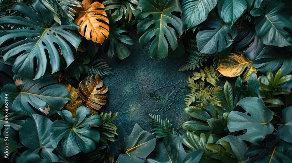 Obraz premium Jungle foliage across all sides with blank space, black background, high contrast, soft gradient.