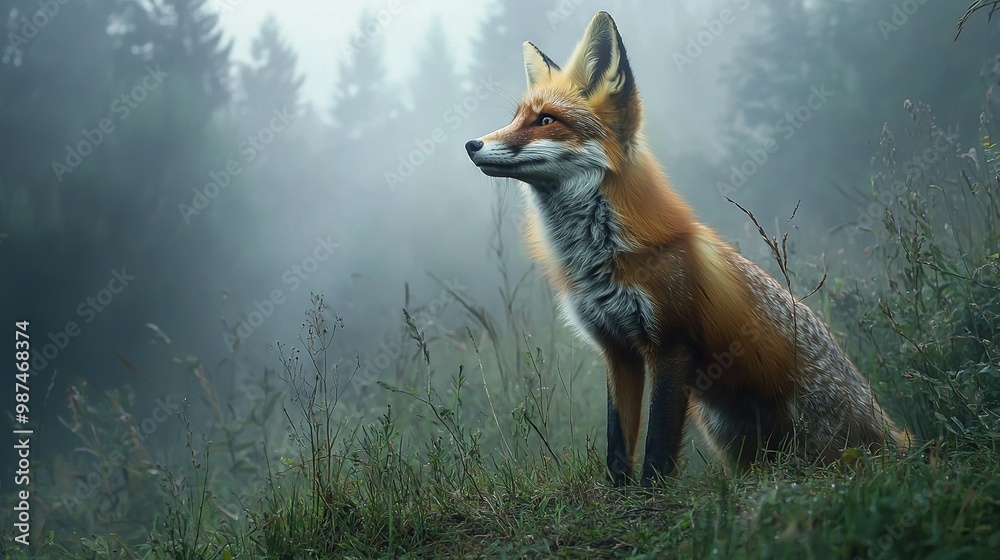 A close-up of a fox in a grassy field with tree silhouettes in the distance on a foggy day A close-up of a fox in a grassy field with tree silhouettes in the distance on a foggy day