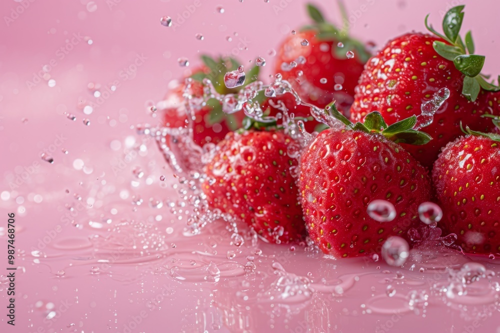 Fresh strawberries getting soaked in refreshing water on pink background Fresh strawberries getting soaked in refreshing water on pink background