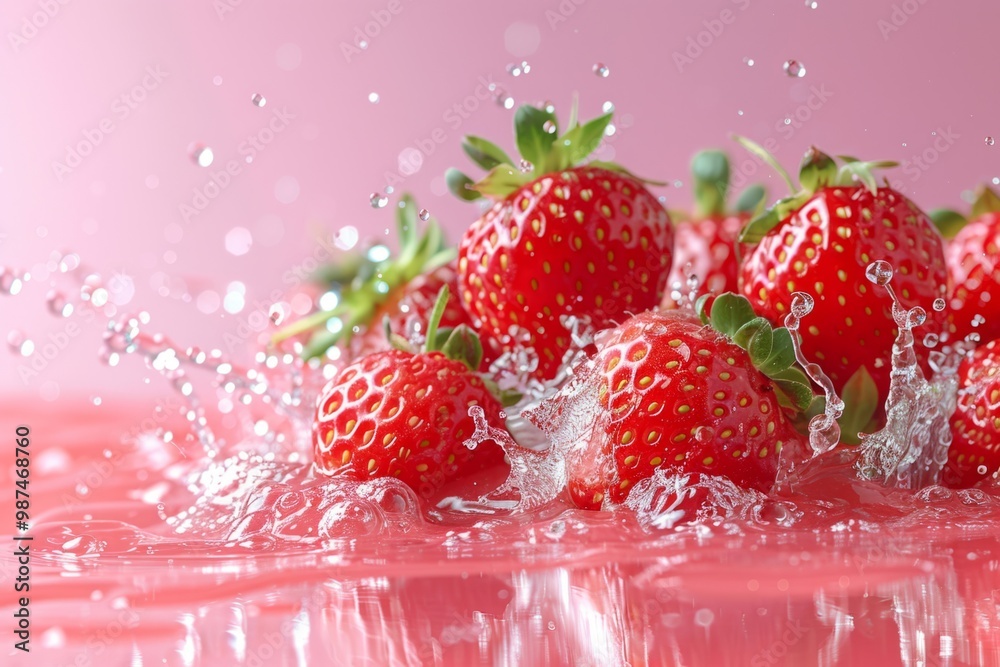 Fresh strawberries getting soaked in refreshing water on pink background Fresh strawberries getting soaked in refreshing water on pink background