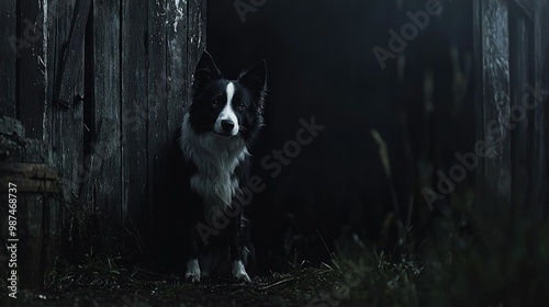  A black-and-white canine stands in front of a wooden doorway amidst a dark landscape, surrounded by high grass and weeds