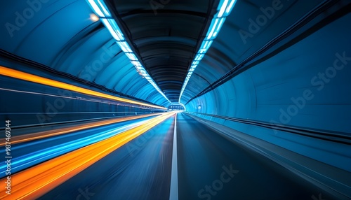 Dynamic city tunnel illuminated by light trails, capturing high-speed motion blur against a blue backdrop, embodying the essence of technological success.