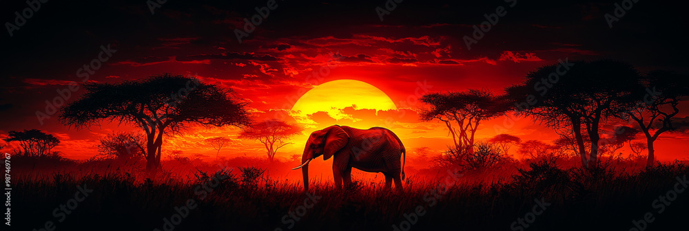 Silhouette of an elephant in a fiery sunset