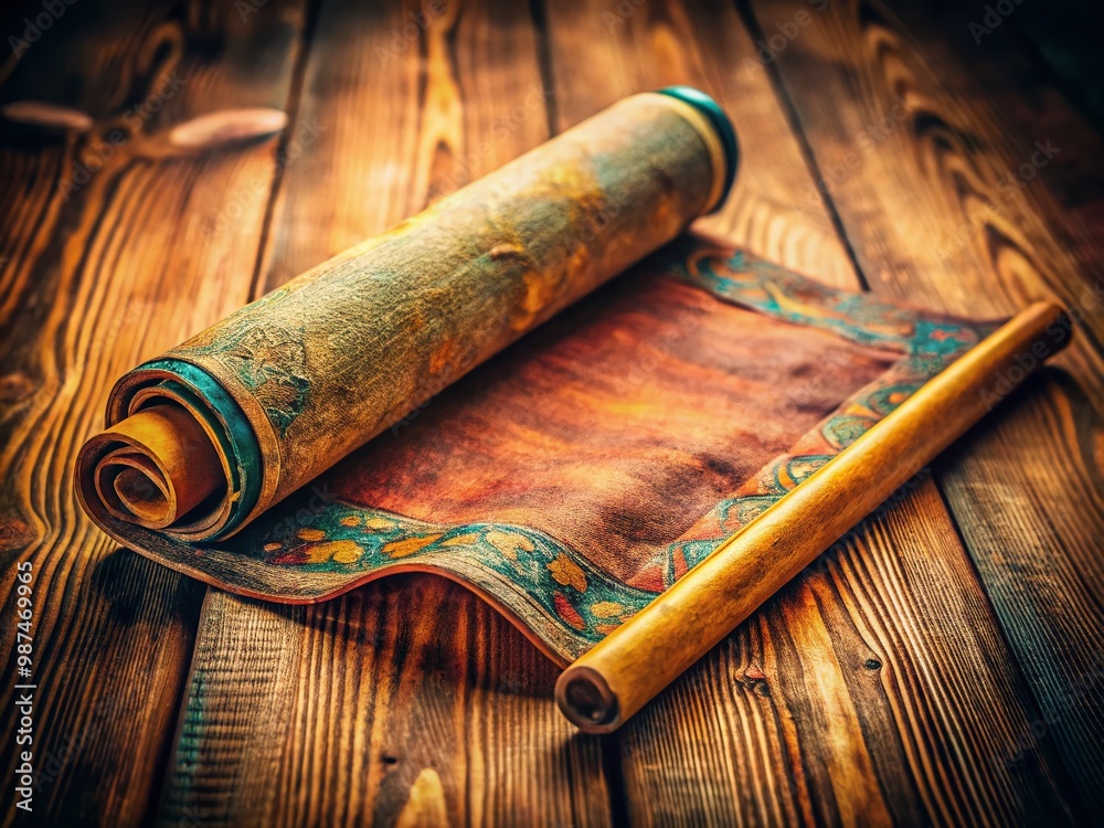 Ancient Paper Scroll Unrolled on Wooden Table with Faded Text and Intricate Decorative Edges Ancient Paper Scroll Unrolled on Wooden Table with Faded Text and Intricate Decorative Edges