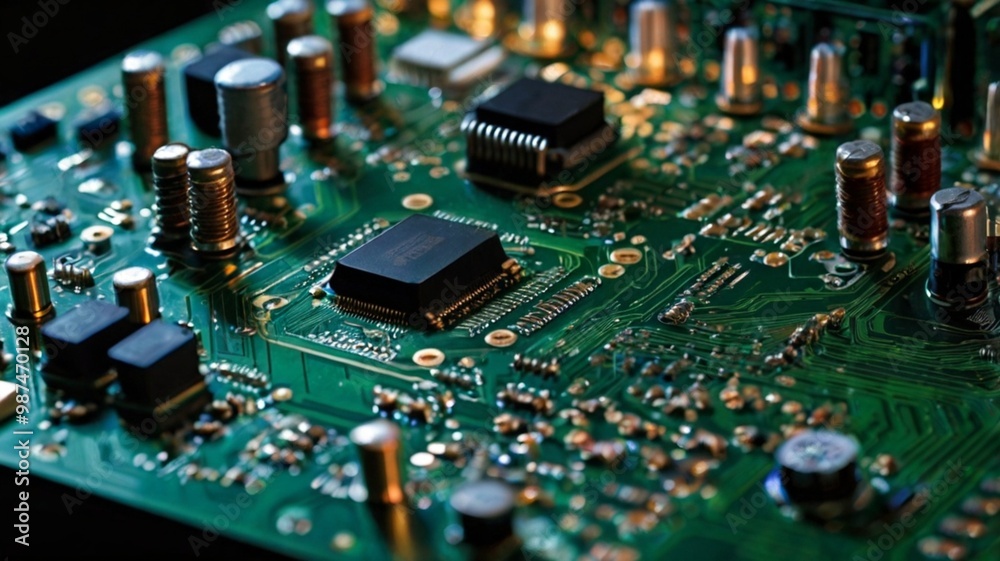 Fototapeta premium Cpu computer chip on motherboard blue light theme,Computer processor on motherboard with blue illumination.