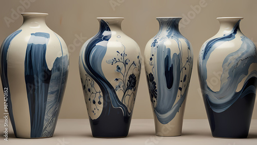 abstract illustration that merges the crisp details of porcelain painting with flowing shapes and muted blue, cream, and ivory tones, resembling the artistic quality of hand-painted porcelain vases photo