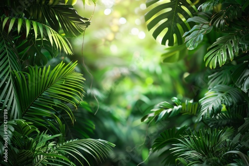 Sun shining through a frame of lush green tropical leaves