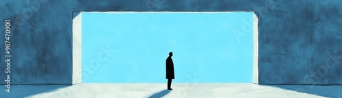 A silhouette of a person standing in front of a large blue backdrop.