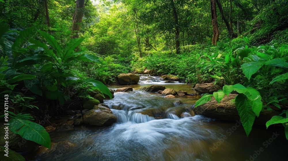 Serene Forest Stream Flowing Through Lush Greenery in a Tropical Jungle Serene Forest Stream Flowing Through Lush Greenery in a Tropical Jungle
