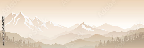 Silhouettes of mountain ranges in fog, minimalistic landscape in sepia tones, monochrome