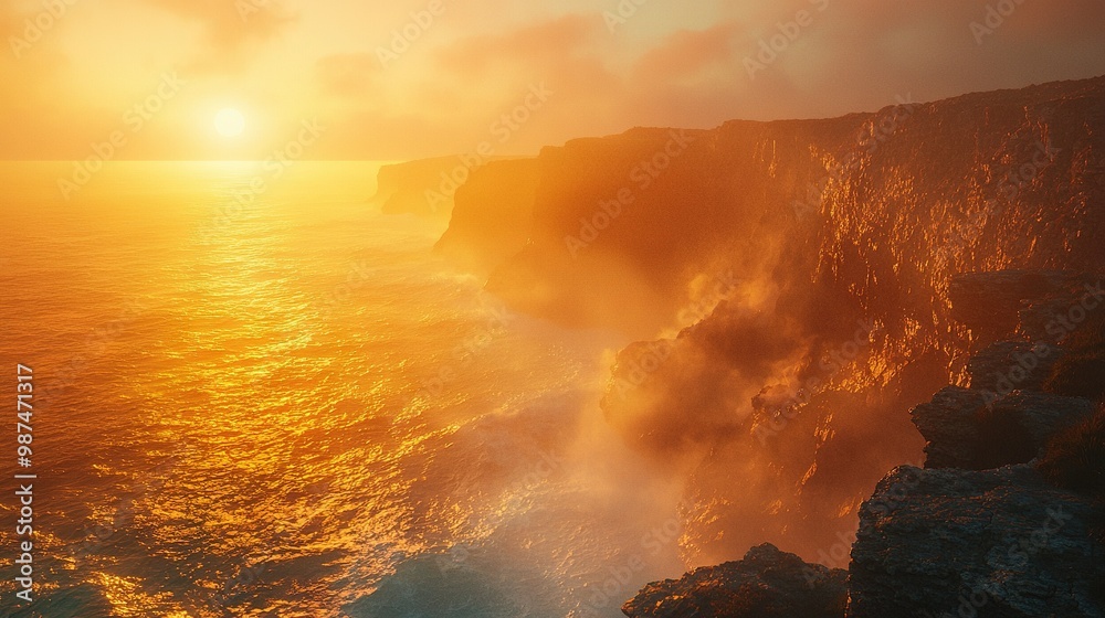 Fototapeta premium The sun sets over cliffs, casting its reflection onto the ocean's surface as a boat sails nearby