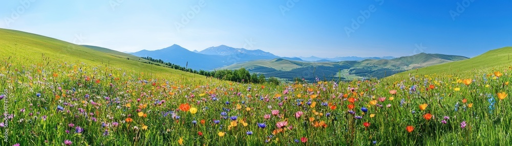Vibrant Wildflower Meadow with Mountain Range in the Background under a Clear Blue Sky Vibrant Wildflower Meadow with Mountain Range in the Background under a Clear Blue Sky