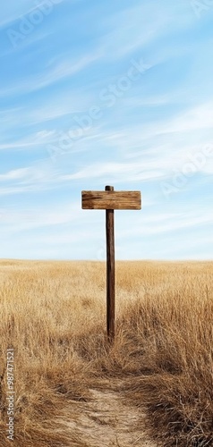 A wooden signpost stands in a golden grass field under a blue sky, symbolizing direction.