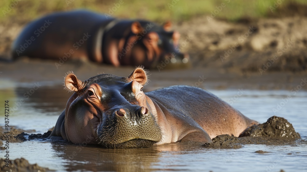 Fototapeta premium A playful baby hippo rolling in shallow water near the riverbank, with its mother watching from a distance under the afternoon sun.
