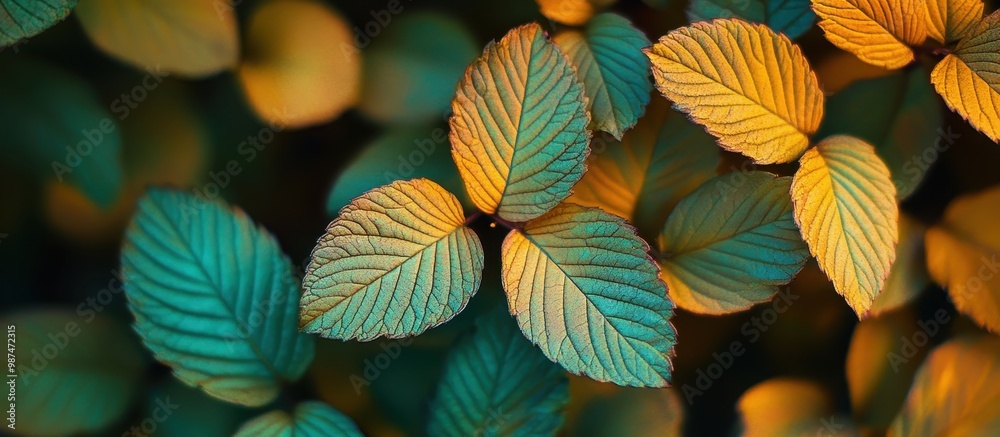 Vibrant Close-Up of Colorful Leaves with Blue and Yellow Hues in Natural Light Vibrant Close-Up of Colorful Leaves with Blue and Yellow Hues in Natural Light