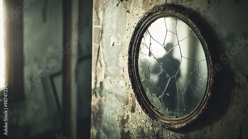  A wall-mounted mirror has a broken glass embedded in its center, showing the reflection of a person