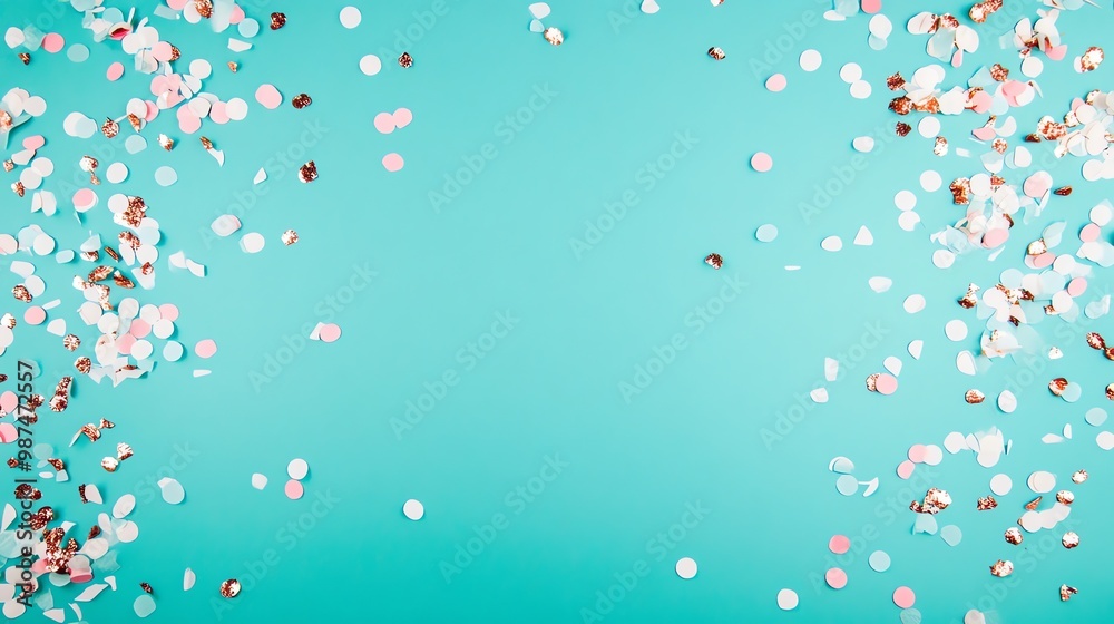 Pink, white and gold confetti on a blue background.