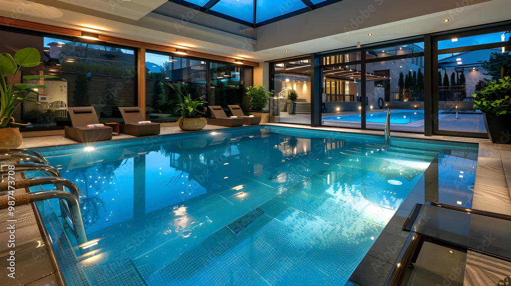 Indoor Swimming Pool with Glass Roof and Lounge Chairs