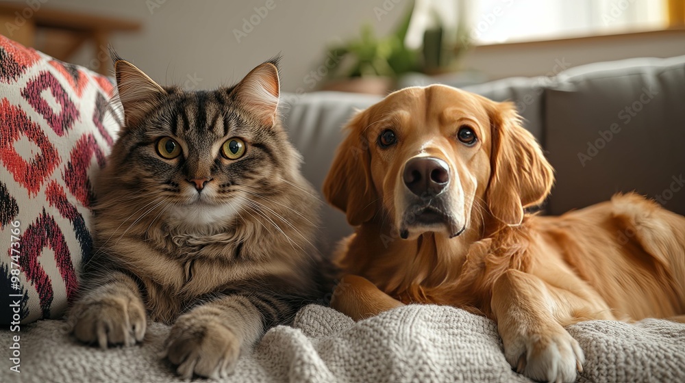 Cat and Golden Retriever Resting on a Couch