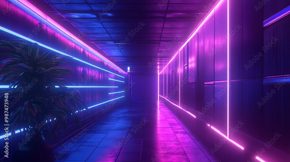 A futuristic hallway with glowing pink and blue neon lights. A futuristic hallway with glowing pink and blue neon lights.