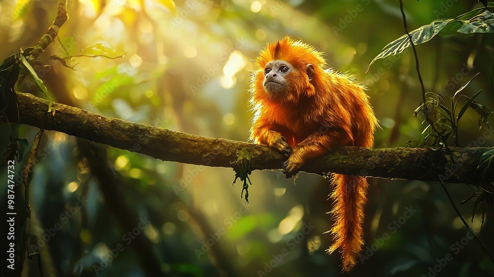 Fototapeta premium Close-up of monkey on tree branch in forest with sunlight filtering through trees