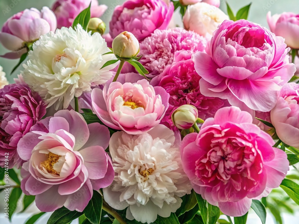 Beautiful arrangement of peonies in soft pink and white hues on a clean white background Beautiful arrangement of peonies in soft pink and white hues on a clean white background