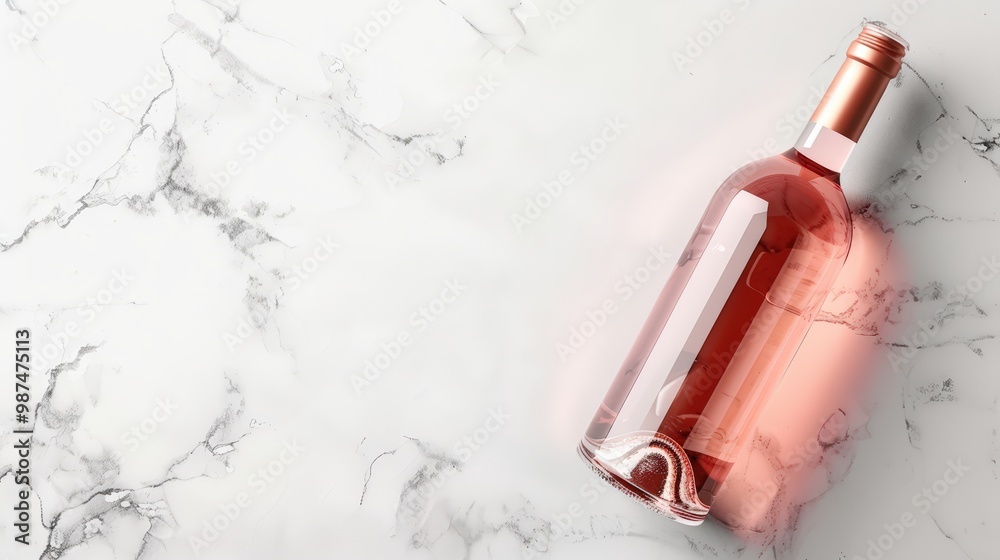 A bottle of wine with a white label placed on a table beside a bouquet of pink roses A bottle of wine with a white label placed on a table beside a bouquet of pink roses