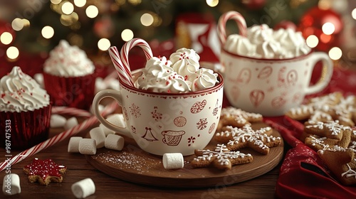  Two mugs of hot chocolate with marshmallows and candy canes on a table with a Christmas tree in the background