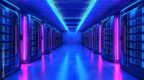 A server room filled with glowing racks, representing the power and connectivity of data centers