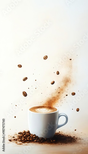 Wallpaper Mural Coffee cup with beans and powder on white background, dynamic coffee splash Torontodigital.ca