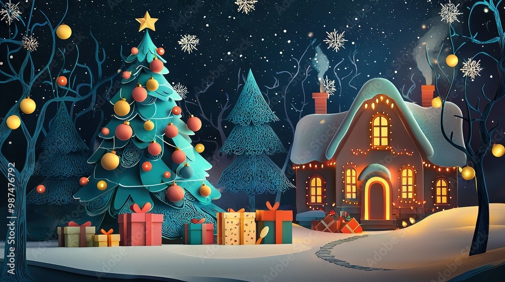A Christmas scene with a lit-up Christmas tree and a lit-up house in the middle of the night A Christmas scene with a lit-up Christmas tree and a lit-up house in the middle of the night