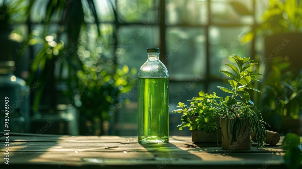 Glass Bottle with Green Liquid on Wooden Table in Sunlight Glass Bottle with Green Liquid on Wooden Table in Sunlight