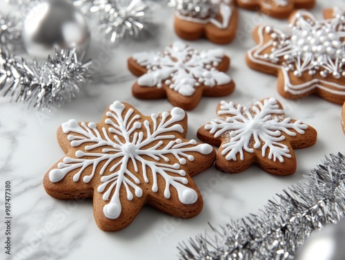 Plate of Christmas gingerbread cookies decorated with snowmen and snowflakes, AI generated