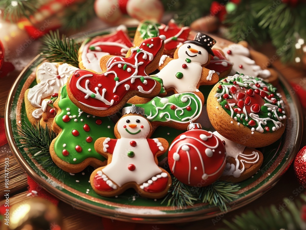 Plate of Christmas gingerbread cookies decorated with snowmen and snowflakes, AI generated Plate of Christmas gingerbread cookies decorated with snowmen and snowflakes, AI generated