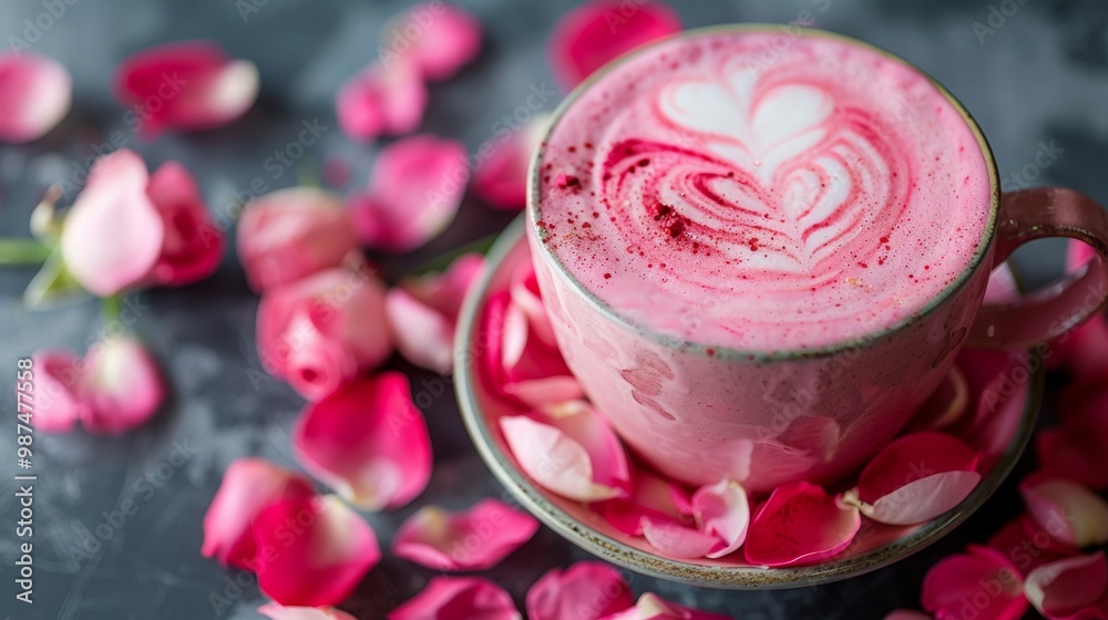 Pink Rose Latte with Heart Design and Petals Pink Rose Latte with Heart Design and Petals