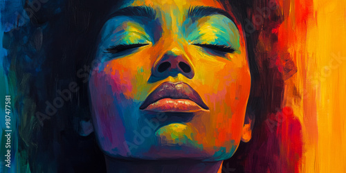 Vibrant portrait of a woman with closed eyes, showcasing a colorful display of artistic expression and emotions