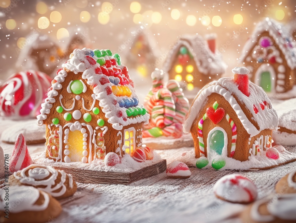 Naklejka premium Whimsical gingerbread houses decorated with candy and icing, AI generated