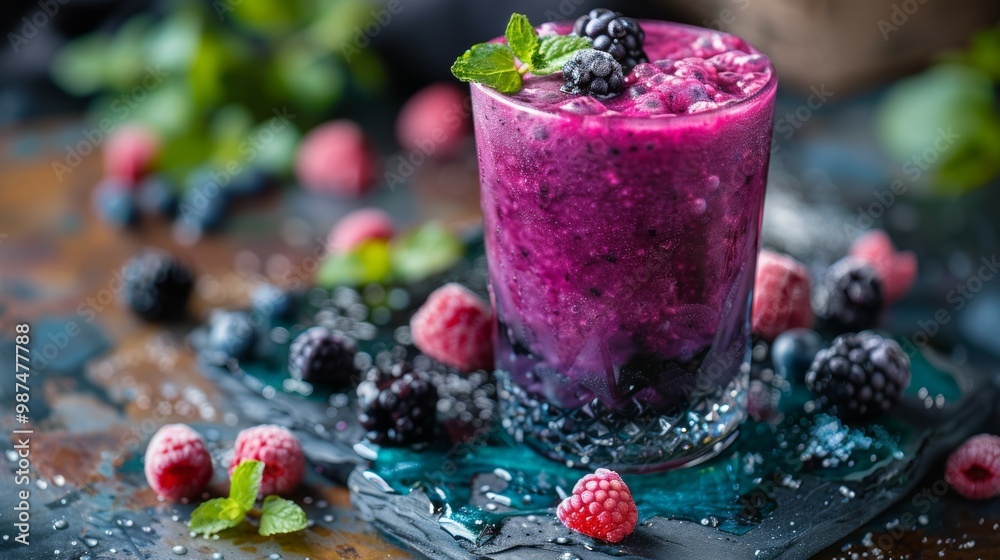 Delicious Blackberry and Raspberry Smoothie with Mint Garnish Delicious Blackberry and Raspberry Smoothie with Mint Garnish